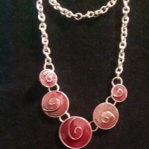 Silver and Red Swirl collar Necklace chunky oval link chain 16 in. Long
